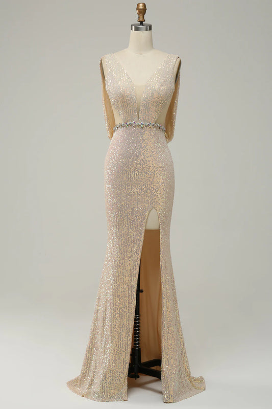 AerbaDress Sheath Deep V Neck Champagne Sequins Long Prom Dress with Split Front