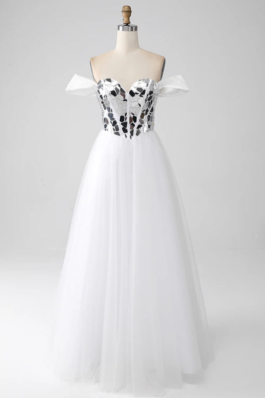 AerbaDress White A-Line Off the Shoulder Long Corset Prom Dress
