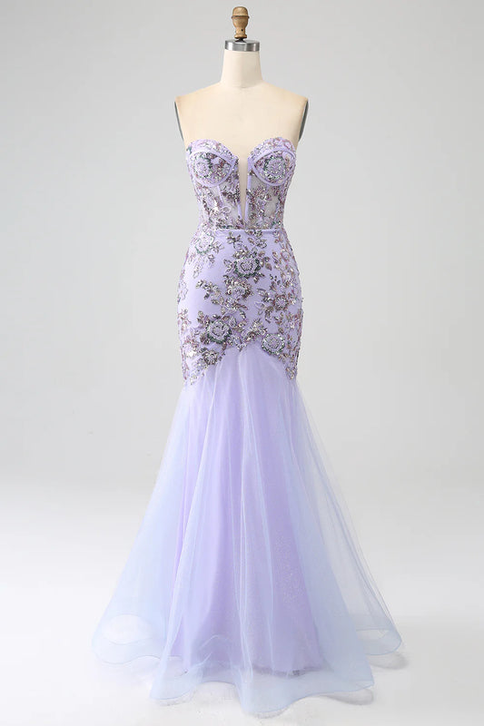 AerbaDress Mermaid Strapless Lavender Corset Prom Dress with Beading