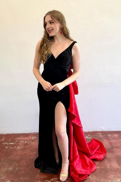 AerbaDress Mermaid Evening Dress V Neck Black Bow Back Long Prom Dresses