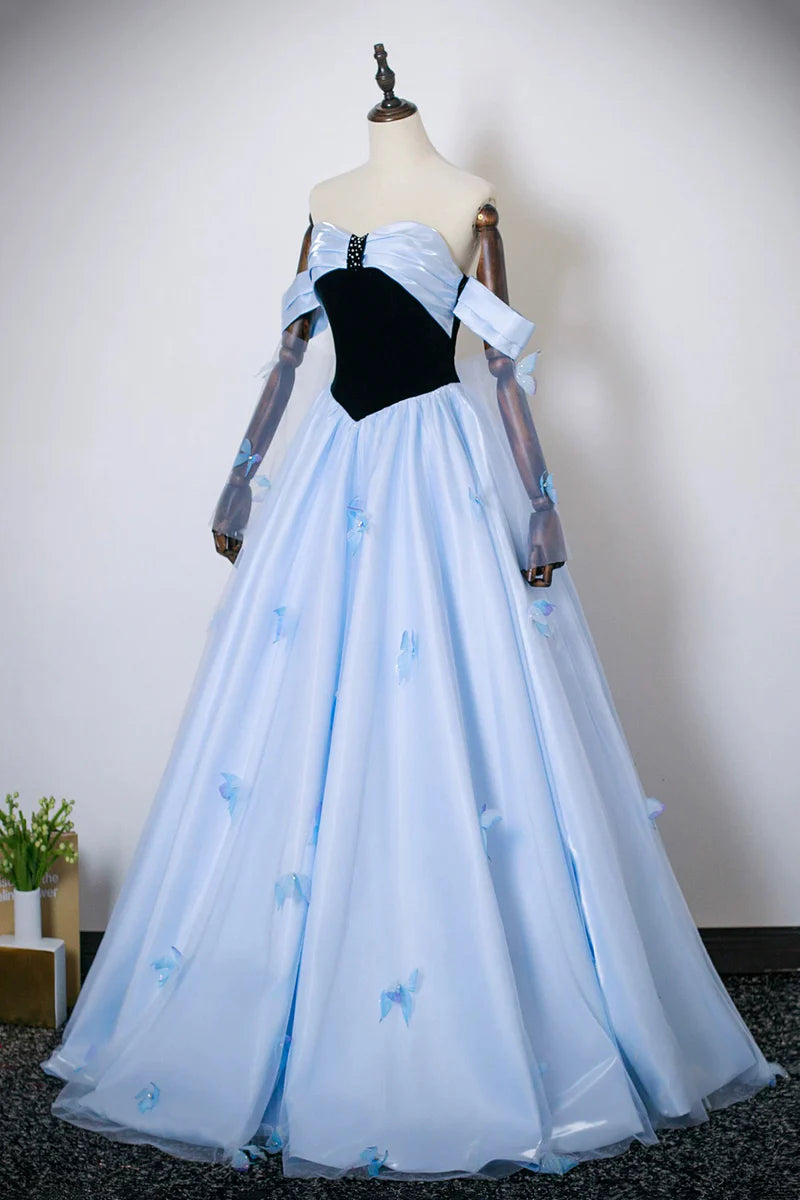 Black Blue Satin Exquisite A Line Off the Shoulder Sweetheart Neckline Pleated 3D Butterfly Decoration Backless Fantastic Long Prom Dresses Formal Graduation Dress Evening Dresses