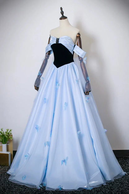 Black Blue Satin Exquisite A Line Off the Shoulder Sweetheart Neckline Pleated 3D Butterfly Decoration Backless Fantastic Long Prom Dresses Formal Graduation Dress Evening Dresses