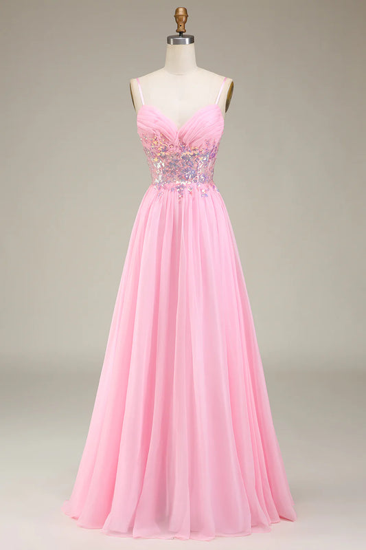 AerbaDress Pink Corset Spaghetti Straps A-line Prom Dress with Pleated