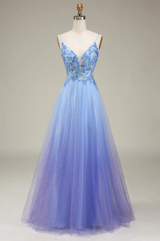 AerbaDress Spakly Blue Tulle Prom Dress with Appliques