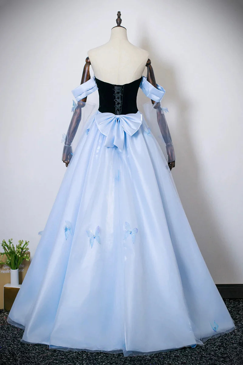 Black Blue Satin Exquisite A Line Off the Shoulder Sweetheart Neckline Pleated 3D Butterfly Decoration Backless Fantastic Long Prom Dresses Formal Graduation Dress Evening Dresses