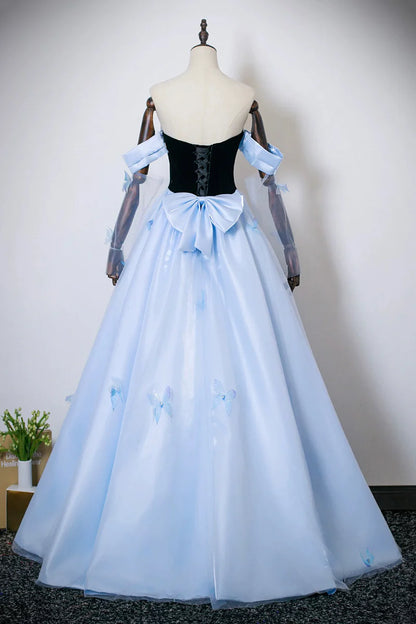 Black Blue Satin Exquisite A Line Off the Shoulder Sweetheart Neckline Pleated 3D Butterfly Decoration Backless Fantastic Long Prom Dresses Formal Graduation Dress Evening Dresses