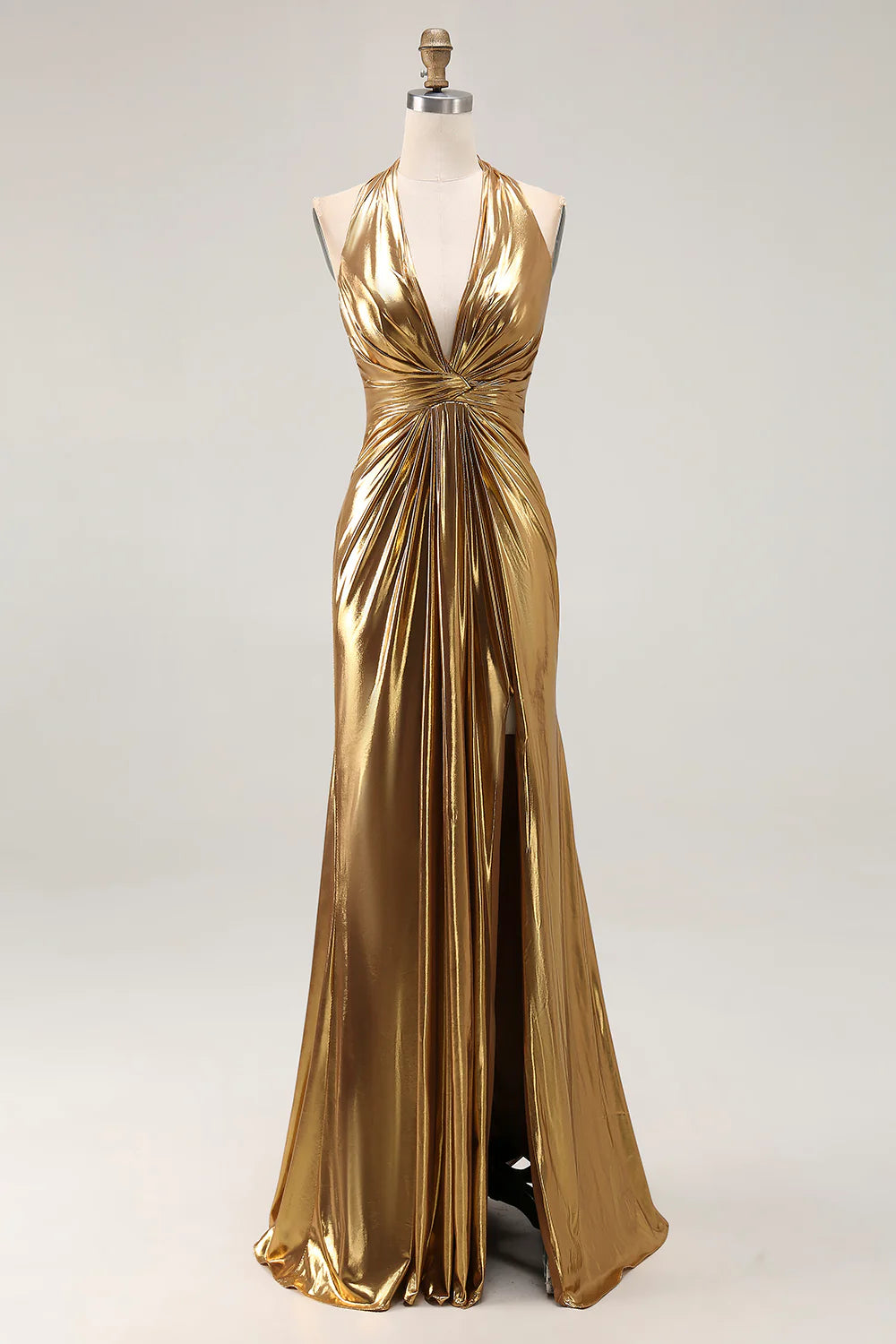 Sparkly Gold Metallic Halter Deep V Neck Pleated Backless with Slit Fashion Long Formal Dress Hot Sale Evening Dress