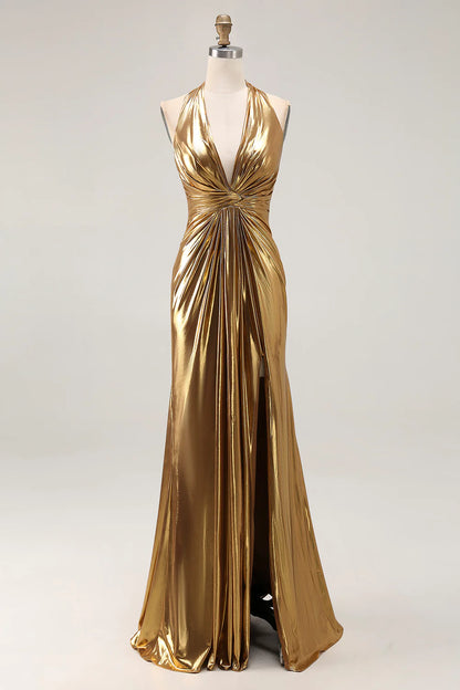 Sparkly Gold Metallic Halter Deep V Neck Pleated Backless with Slit Fashion Long Formal Dress Hot Sale Evening Dress
