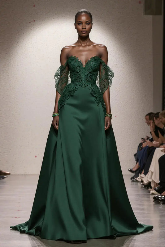 High Grade Dark Green Satin A Line Off the Shoulder Sweetheart Neckline with Lace Backless Fashion Long Formal Dress Hot Sale Evening Dress