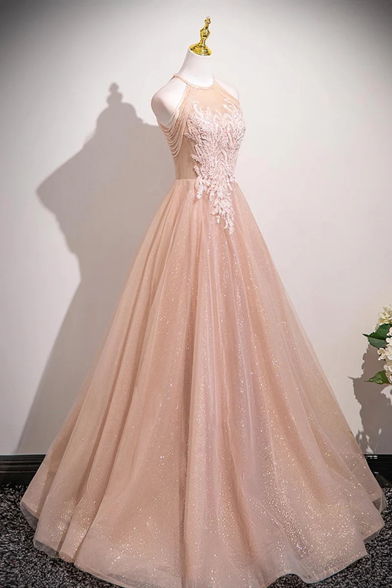 Shiny Tulle A-Line Halter Sleeveless Bead string Lace Applique Beautiful Exquisite Long Prom Dresses Formal Graduation Dress Evening Dress