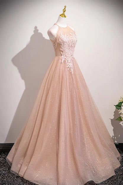Shiny Tulle A-Line Halter Sleeveless Bead string Lace Applique Beautiful Exquisite Long Prom Dresses Formal Graduation Dress Evening Dress