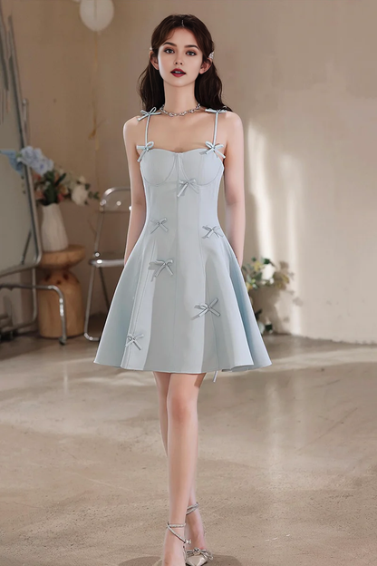 Fashion Light Blue A-Line Spaghetti Strap Sweetheart Neckline Bow Decoration Lovely Exquisite Short Prom Dresses Formal Graduation Dress Homecoming Dresses