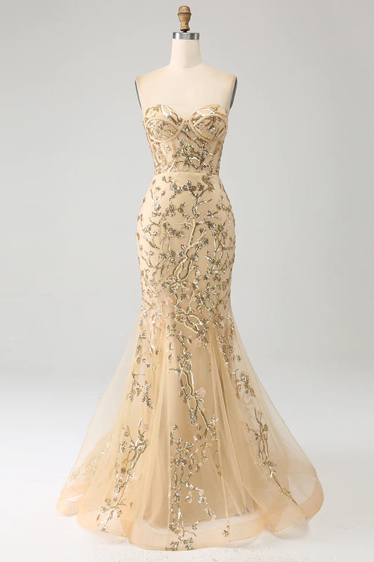 AerbaDress Mermaid Champagne Sparkly Corset Prom Dress