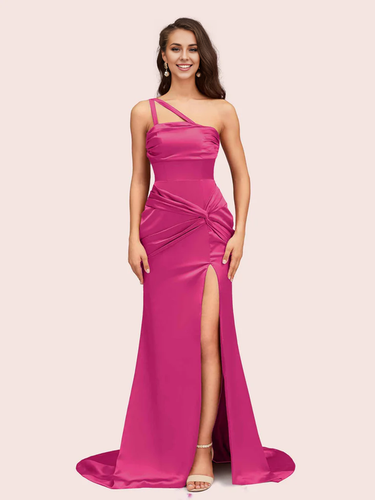 AerbaDress Bridesmaid Dresses Mermaid One Shoulder Unique Side Slit Soft Satin