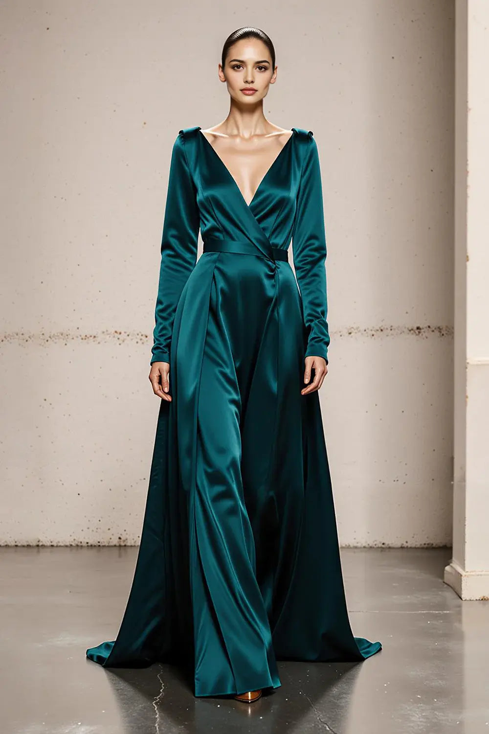 High Grade Peacock Green Satin A Line Deep V-Neck with Sleeves Backless Exquisite Long Formal Dress Hot Sale Evening Dress