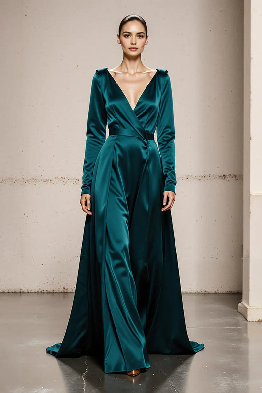 High Grade Peacock Green Satin A Line Deep V-Neck with Sleeves Backless Exquisite Long Formal Dress Hot Sale Evening Dress