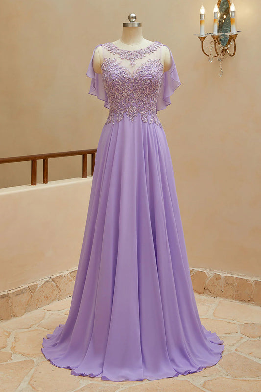AerbaDress A-Line Prom Dresses Scoop Neck Chiffon Cap Sleeves With Sequin