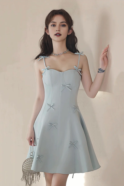 Fashion Light Blue A-Line Spaghetti Strap Sweetheart Neckline Bow Decoration Lovely Exquisite Short Prom Dresses Formal Graduation Dress Homecoming Dresses