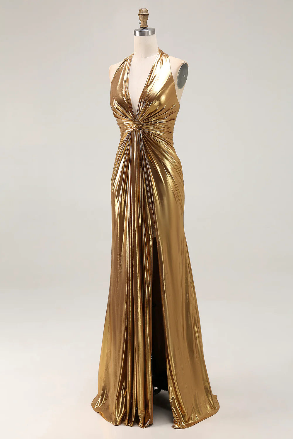 Sparkly Gold Metallic Halter Deep V Neck Pleated Backless with Slit Fashion Long Formal Dress Hot Sale Evening Dress