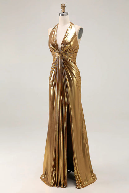 Sparkly Gold Metallic Halter Deep V Neck Pleated Backless with Slit Fashion Long Formal Dress Hot Sale Evening Dress