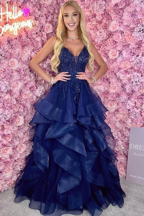 AerbaDress Navy Blue V Neck Long Prom Dresses Ruffle Tiered Tulle with Appliques