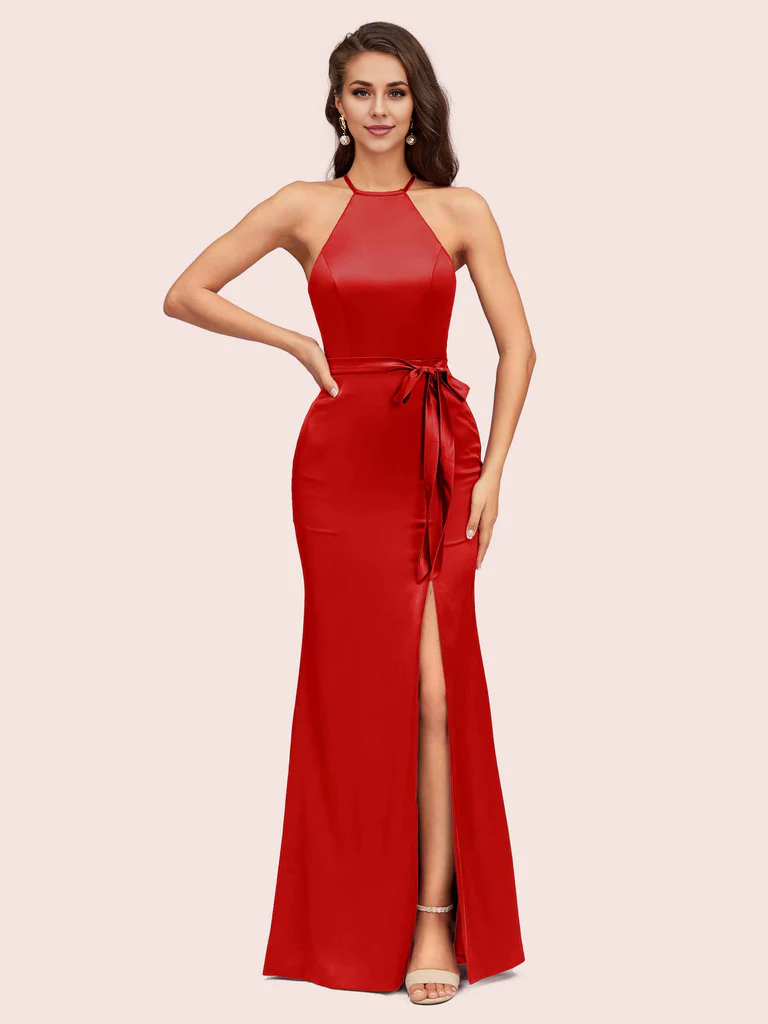 AerbaDress Bridesmaid Dresses Online Open Back Mermaid Halter Side Slit Soft Satin