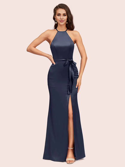 AerbaDress Bridesmaid Dresses Online Open Back Mermaid Halter Side Slit Soft Satin