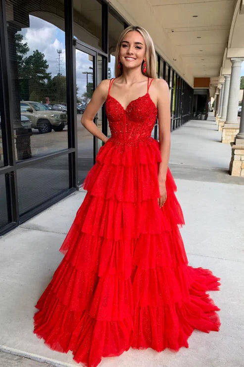 AerbaDress Red Evening Dress Spaghetti Straps Ruffle Tiered Tulle Long Prom Dresses