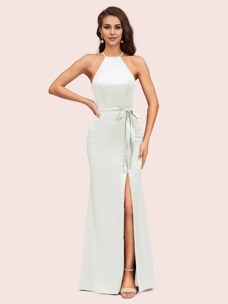 AerbaDress Bridesmaid Dresses Online Open Back Mermaid Halter Side Slit Soft Satin