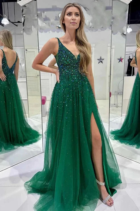 AerbaDress Fashion A-line Dark Green Prom Dresses Sequined Tulle V Neck
