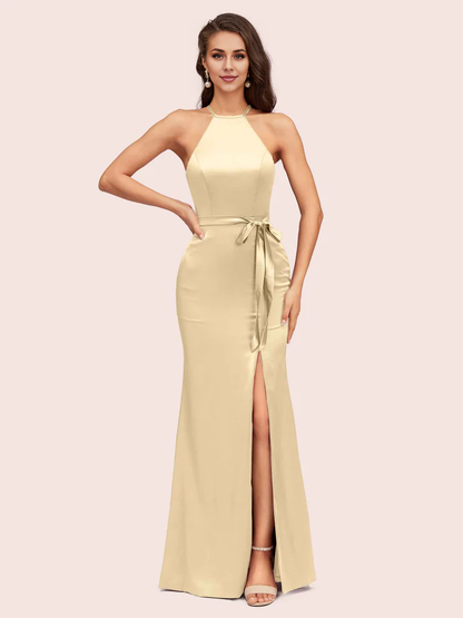 AerbaDress Bridesmaid Dresses Online Open Back Mermaid Halter Side Slit Soft Satin