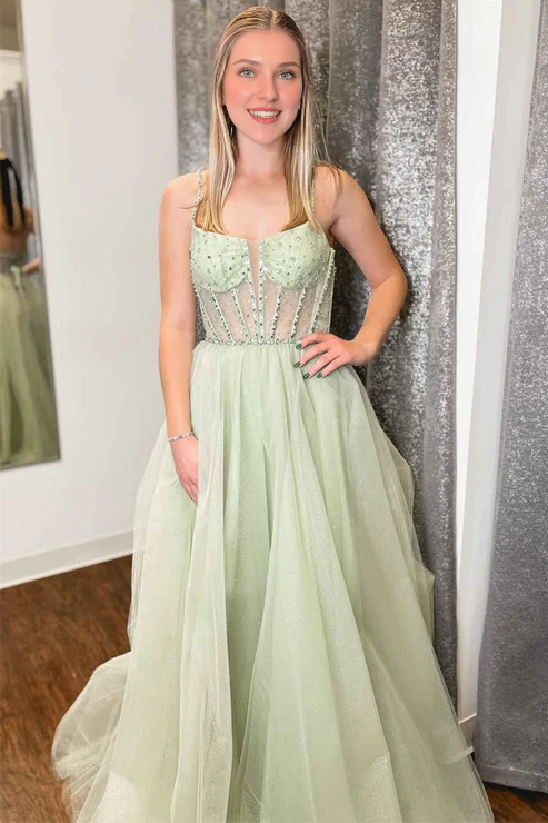 AerbaDress A-Line Prom Dresses Sage Green Straps Sequin Beaded Tulle Evening Dress