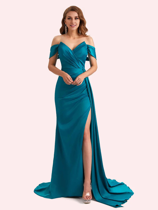 AerbaDress Mermaid Off-Shoulder Side Slit V-Neck Soft Satin Matron Of Honor Dress For Wedding