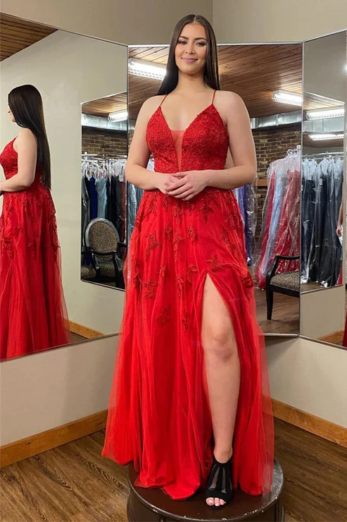 AerbaDress Long Prom Dresses Plunging Floral Appliques V Neck Red Evening Dress