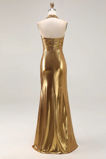 Sparkly Gold Metallic Halter Deep V Neck Pleated Backless with Slit Fashion Long Formal Dress Hot Sale Evening Dress
