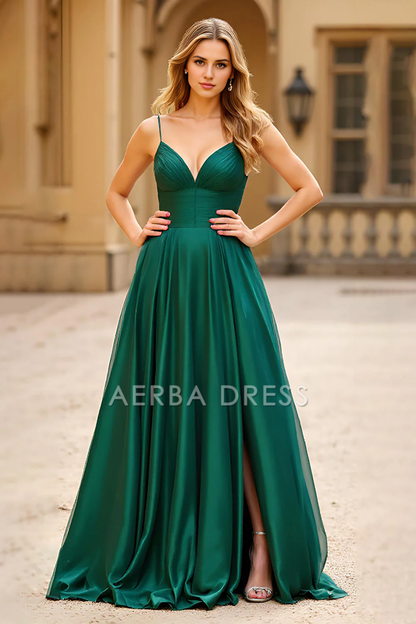 AERBA DRESS Formal Wear Dresses Exquisite A Line Spaghetti Straps Pleated Backless Long Satin With Slit Prom Dress
