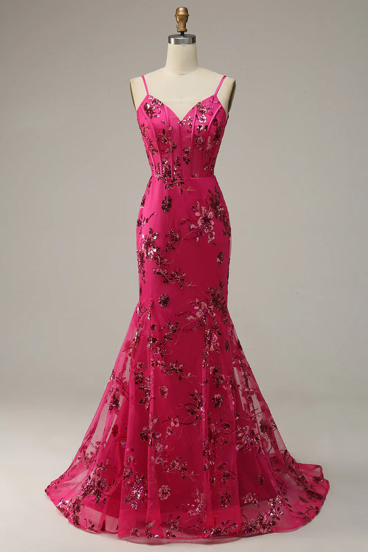 AerbaDress Hot Pink Sequins Print Mermaid Prom Dress