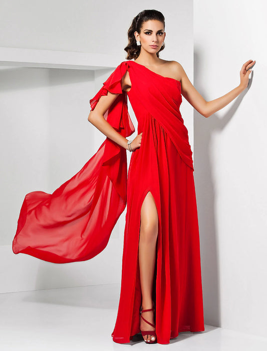 Sheath Christmas Red Green Dress Empire Wedding Guest Formal Evening Dress One Shoulder Sleeveless Floor Length Chiffon with Draping