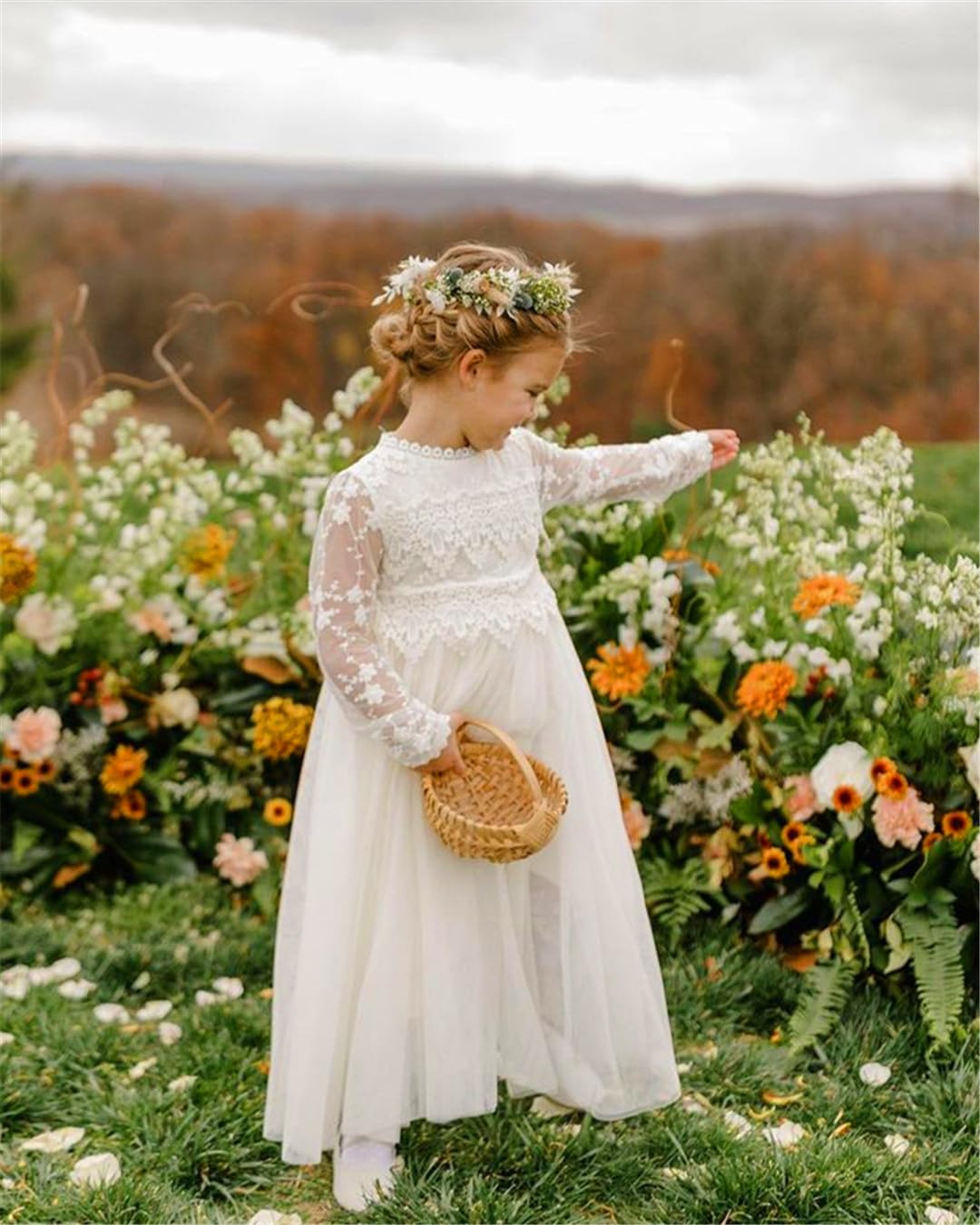 AERBA DRESS Wedding Flower Girl Dresses Boho Bohemian Rustic Communion Lace A-Line Long Sleeves Tulle Dresses