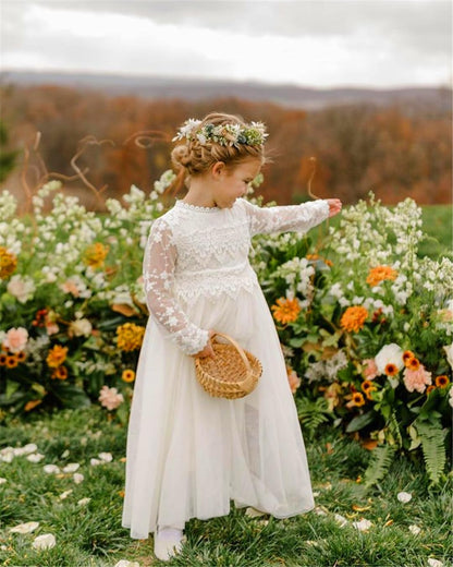 AERBA DRESS Wedding Flower Girl Dresses Boho Bohemian Rustic Communion Lace A-Line Long Sleeves Tulle Dresses