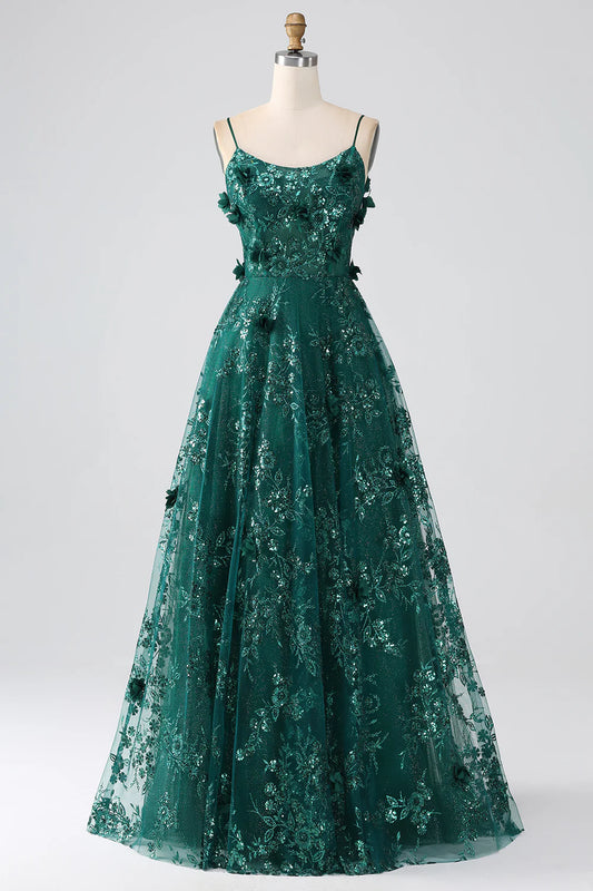 AerbaDress Glitter Grey Green Spaghetti Straps Lace Flower Long Corset Prom Dress