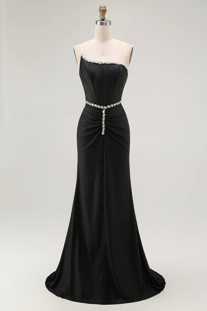 Sparkly Black Mermaid Strapless Corset Pleated Bead String Backless Exquisite Long Formal Dress Hot Sale Evening Dress
