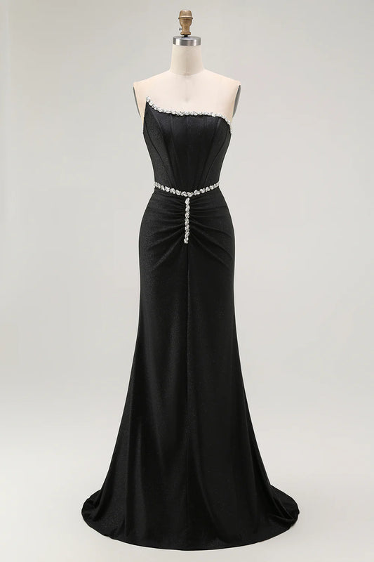 Sparkly Black Mermaid Strapless Corset Pleated Bead String Backless Exquisite Long Formal Dress Hot Sale Evening Dress