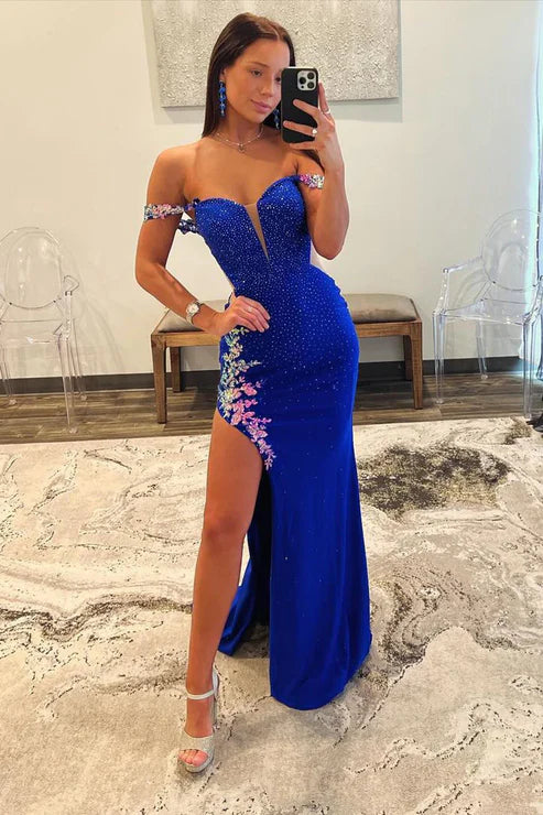 AerbaDress Royal Blue Evening Dress Off the Shoulder Beaded Fashion Long Prom Dresses
