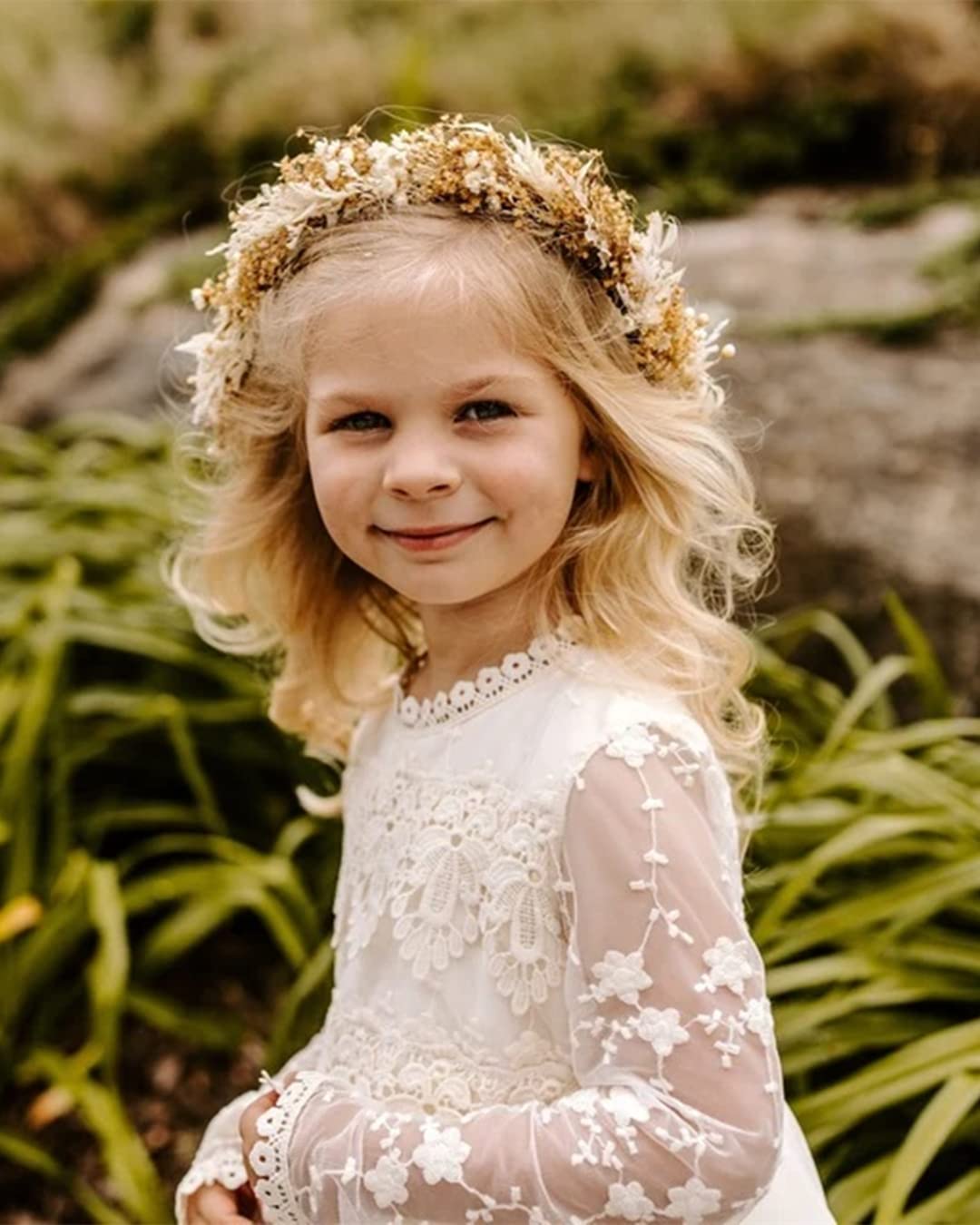 AERBA DRESS Wedding Flower Girl Dresses Boho Bohemian Rustic Communion Lace A-Line Long Sleeves Tulle Dresses