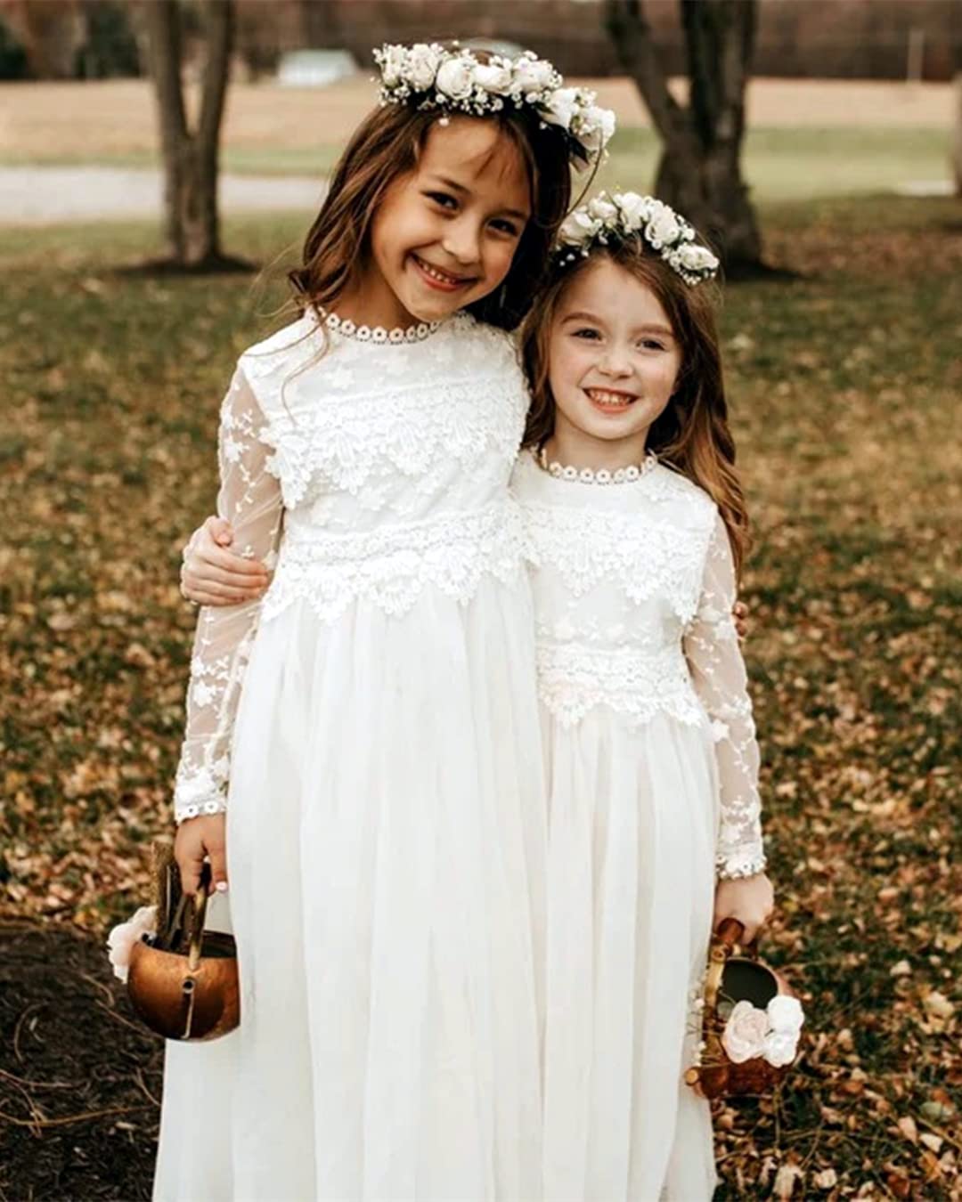 AERBA DRESS Wedding Flower Girl Dresses Boho Bohemian Rustic Communion Lace A-Line Long Sleeves Tulle Dresses