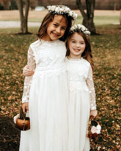 AERBA DRESS Wedding Flower Girl Dresses Boho Bohemian Rustic Communion Lace A-Line Long Sleeves Tulle Dresses
