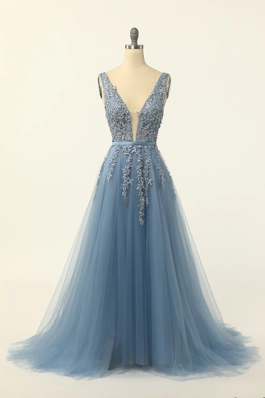 AerbaDress Blue Tulle Prom Dress with Appliques