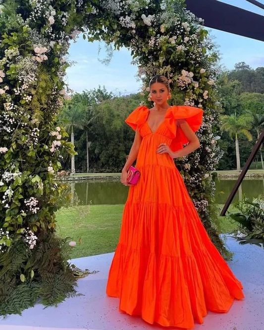 AERBA DRESS Prom Dress A-Line Deep V Neck Short Sleeves Pleated Long Exquisite Adoration Formal Wear Dresses