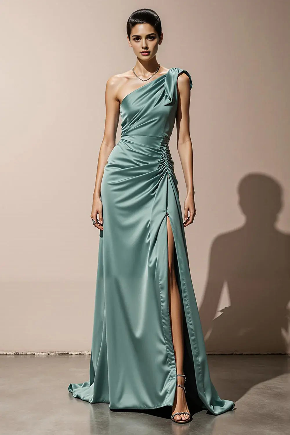 Mint Green Satin Sheath One Shoulder Pleated Waist with Slit Backless Fashion Long Formal Dress Hot Sale Evening Dress